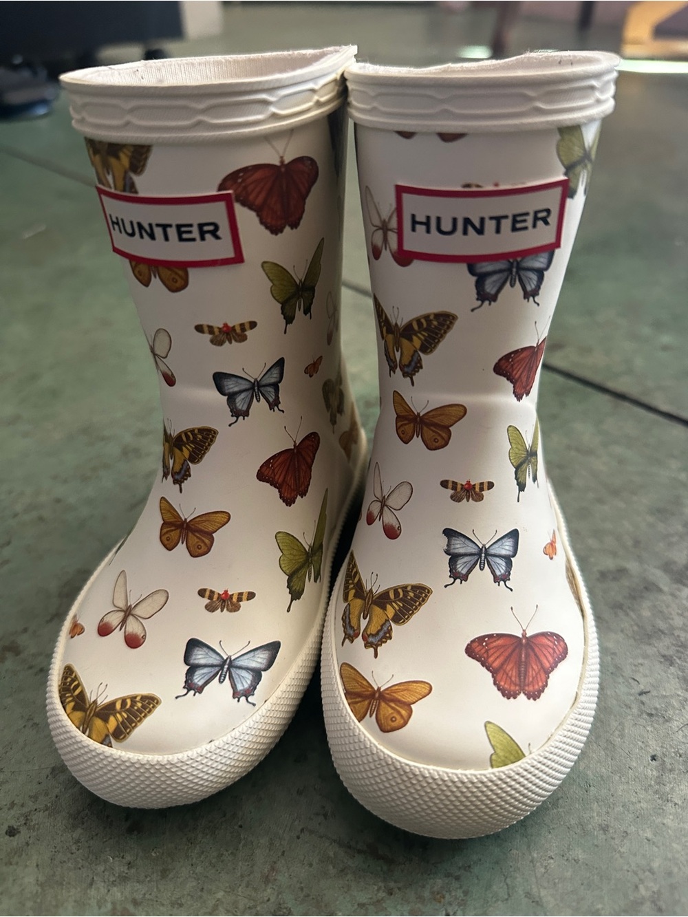 Hunter Toddler White Rain Boots with Colorful Butterfly Print